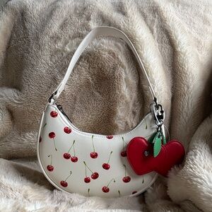 Betsey Johnson Cherry Print White Bag with Red Heart Charm